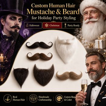 Custom Handmade Human Hair Mustache & Beard for Halloween Christmas Party Styling