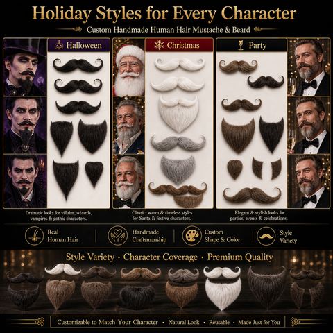 Custom Handmade Human Hair Mustache & Beard for Hallowee view 5